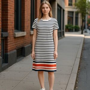 Joe Fresh Navy and Orange Striped Midi Dress